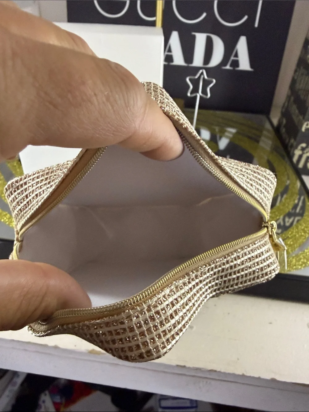 Dior Star Quilted Cosmetic Pouch in Beige with Gold Hardware